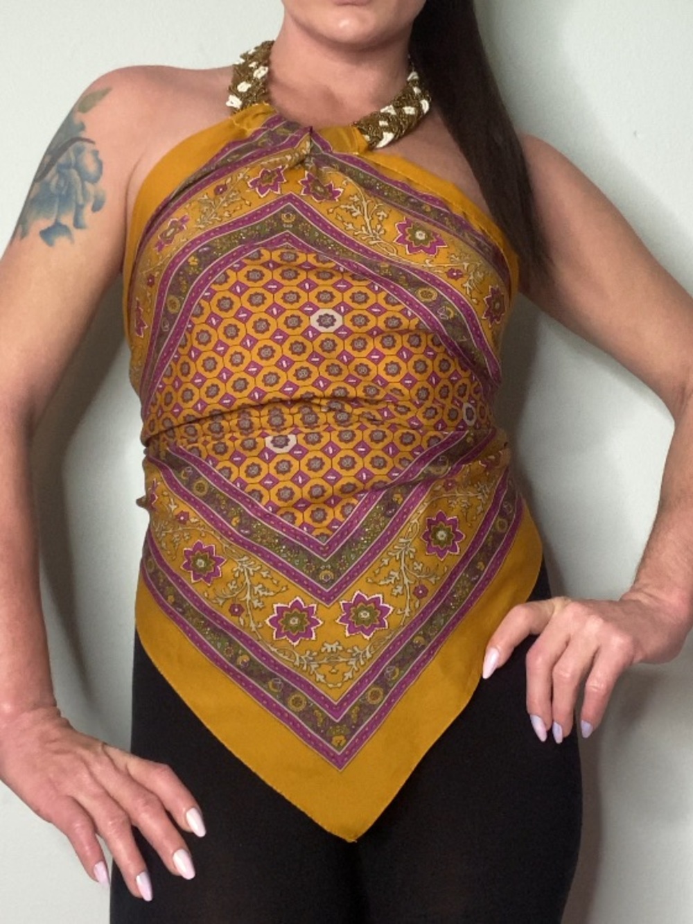 Upcycled Yellow Silk Scarf Halter Top S/M Vintage Necklace Detail